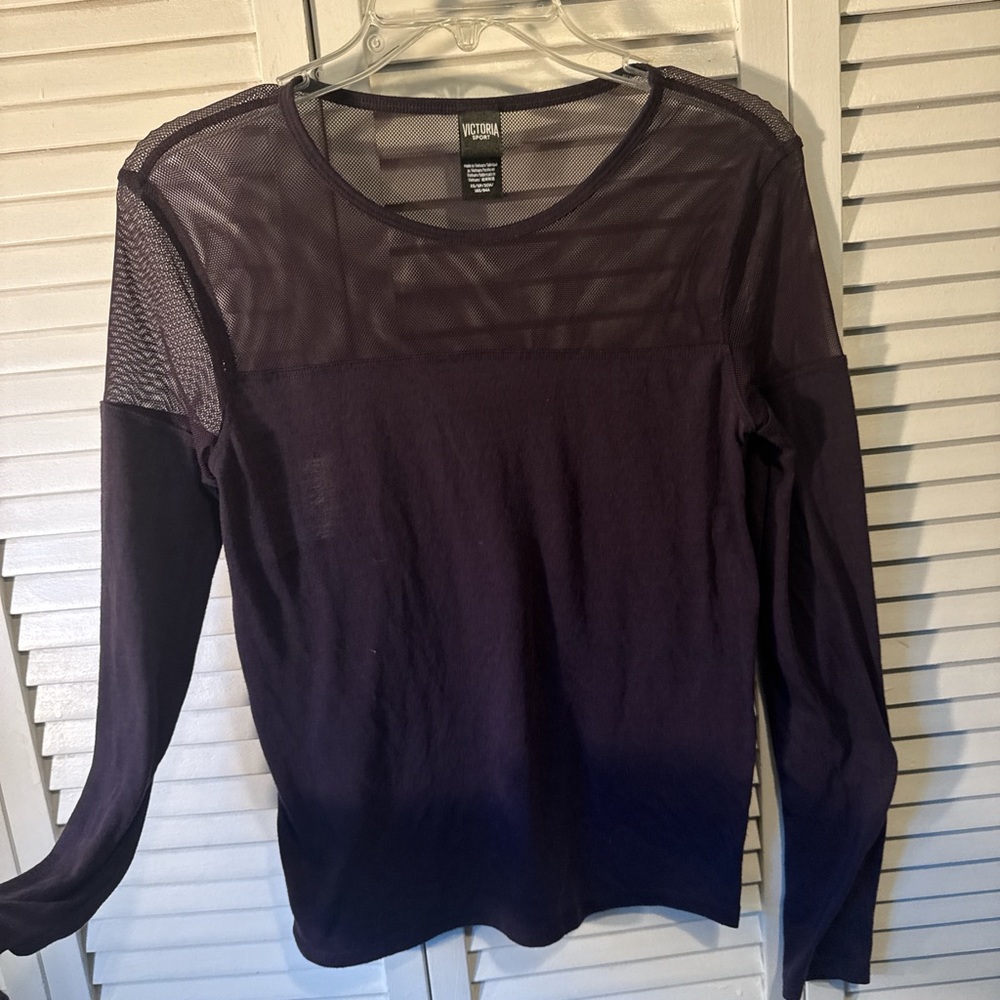 Victoria's Secret Dark Plum Long-Sleeve Top with Sheer Mesh Yoke